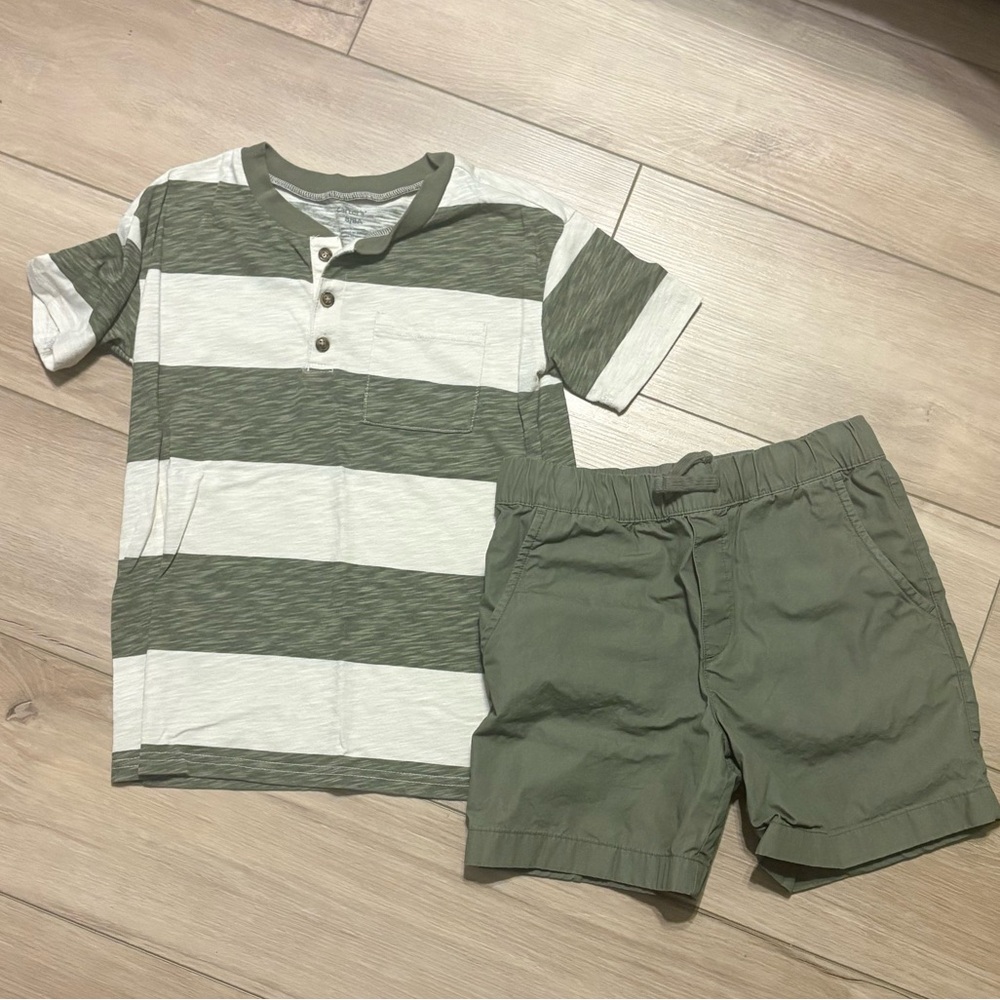 Carter's Olive & White Striped Henley Tee with Olive Shorts